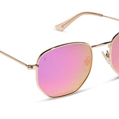 dime optics roxbury round sunglasses with a gold metal frame and candy pink mirror polarized lenses detailed view