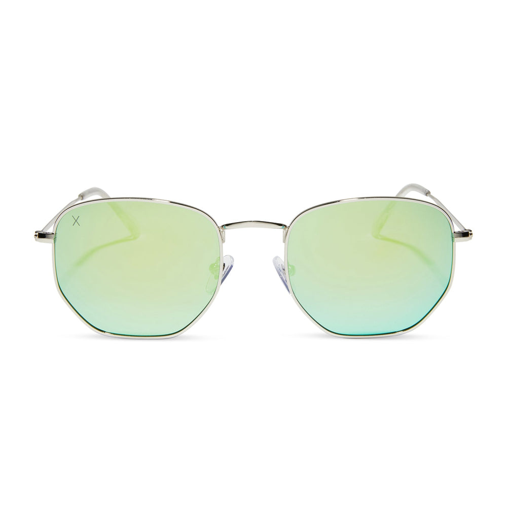 dime optics roxbury round sunglasses with a silver metal frame and cyan mirror polarized lenses front view