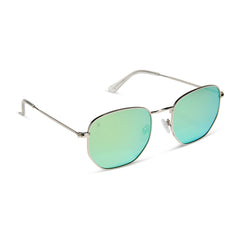 dime optics roxbury round sunglasses with a silver metal frame and cyan mirror polarized lenses angled view
