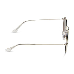 dime optics roxbury round sunglasses with a silver metal frame and cyan mirror polarized lenses side view