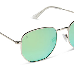 dime optics roxbury round sunglasses with a silver metal frame and cyan mirror polarized lenses detailed view