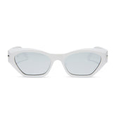 dime optics sawtelle cat eye sunglasses with a glossy white frame and silver mirror polarized lenses front view