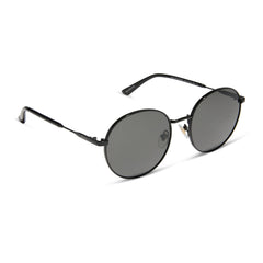 dime optics featuring the silverlake round sunglasses with a black frame and grey lenses angled view