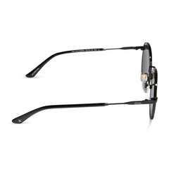 dime optics featuring the silverlake round sunglasses with a black frame and grey lenses side view