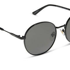 dime optics featuring the silverlake round sunglasses with a black frame and grey lenses detailed view