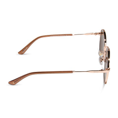 dime optics featuring the silverlake round sunglasses with a champagne gold frame and brown tint lenses side view