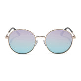 dime optics featuring the silverlake round sunglasses with a gold frame and wisteria mirror light blue purple lenses front view