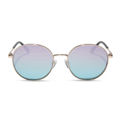 dime optics featuring the silverlake round sunglasses with a gold frame and wisteria mirror light blue purple lenses front view