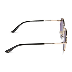 dime optics featuring the silverlake round sunglasses with a gold frame and wisteria mirror light blue purple lenses side view