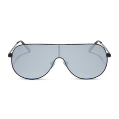 dime optics tarzana shield sunglasses with a black metal frame and grey with silver flash polarized lenses front view