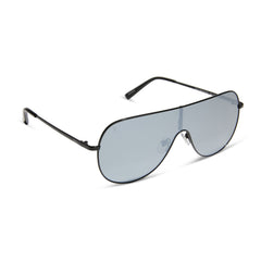 dime optics tarzana shield sunglasses with a black metal frame and grey with silver flash polarized lenses angled view