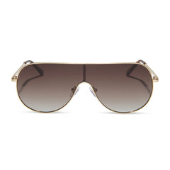 dime optics tarzana shield sunglasses with a brushed gold metal frame and brown gradient polarized lenses front view