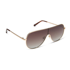 dime optics tarzana shield sunglasses with a brushed gold metal frame and brown gradient polarized lenses angled view