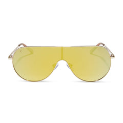 dime optics tarzana shield sunglasses with a brushed gold metal frame and gold mirror polarized lenses front view