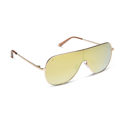 dime optics tarzana shield sunglasses with a brushed gold metal frame and gold mirror polarized lenses angled view
