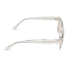 dime optics laurel cat eye sunglasses with a translucent clear frame and rose pink with gold flash lenses side view