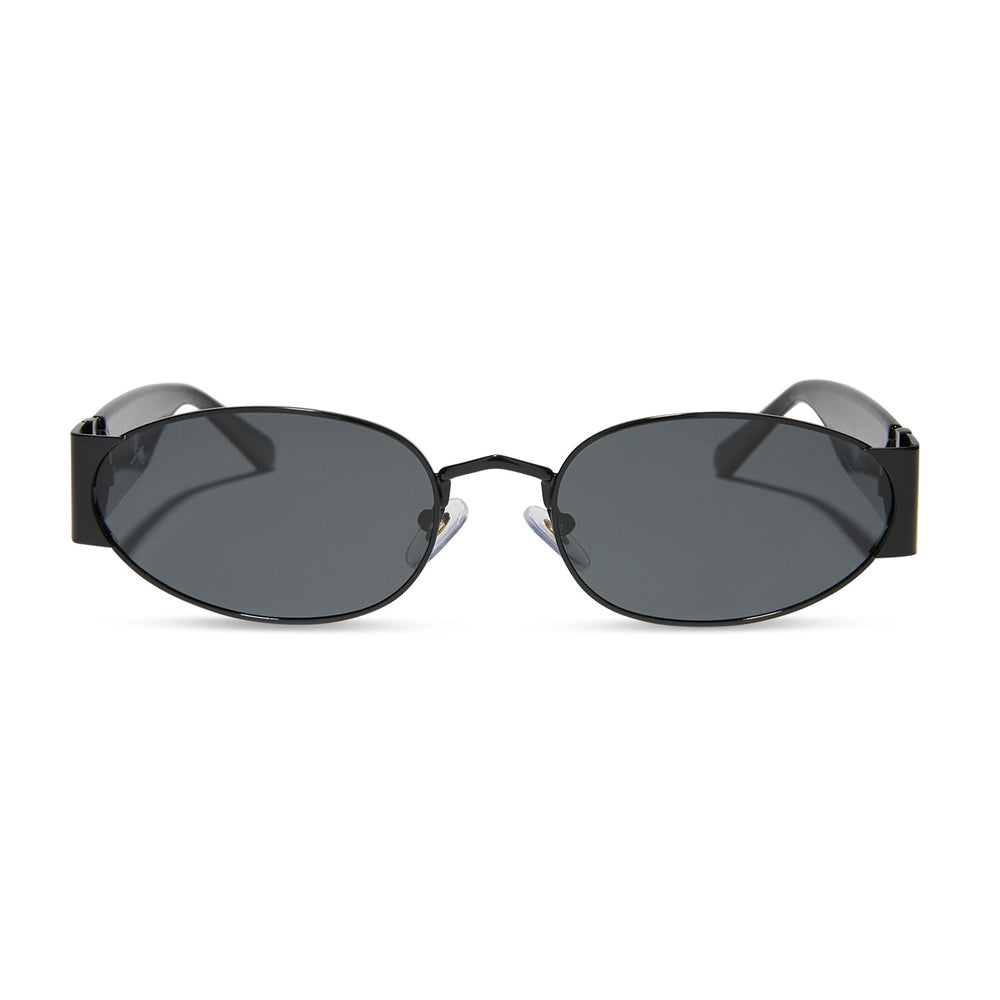 dime optics featuring the vine rectangular sunglasses with a black frame and grey lenses front view