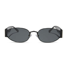 dime optics featuring the vine rectangular sunglasses with a black frame and grey lenses front view