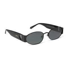 dime optics featuring the vine rectangular sunglasses with a black frame and grey lenses angled view
