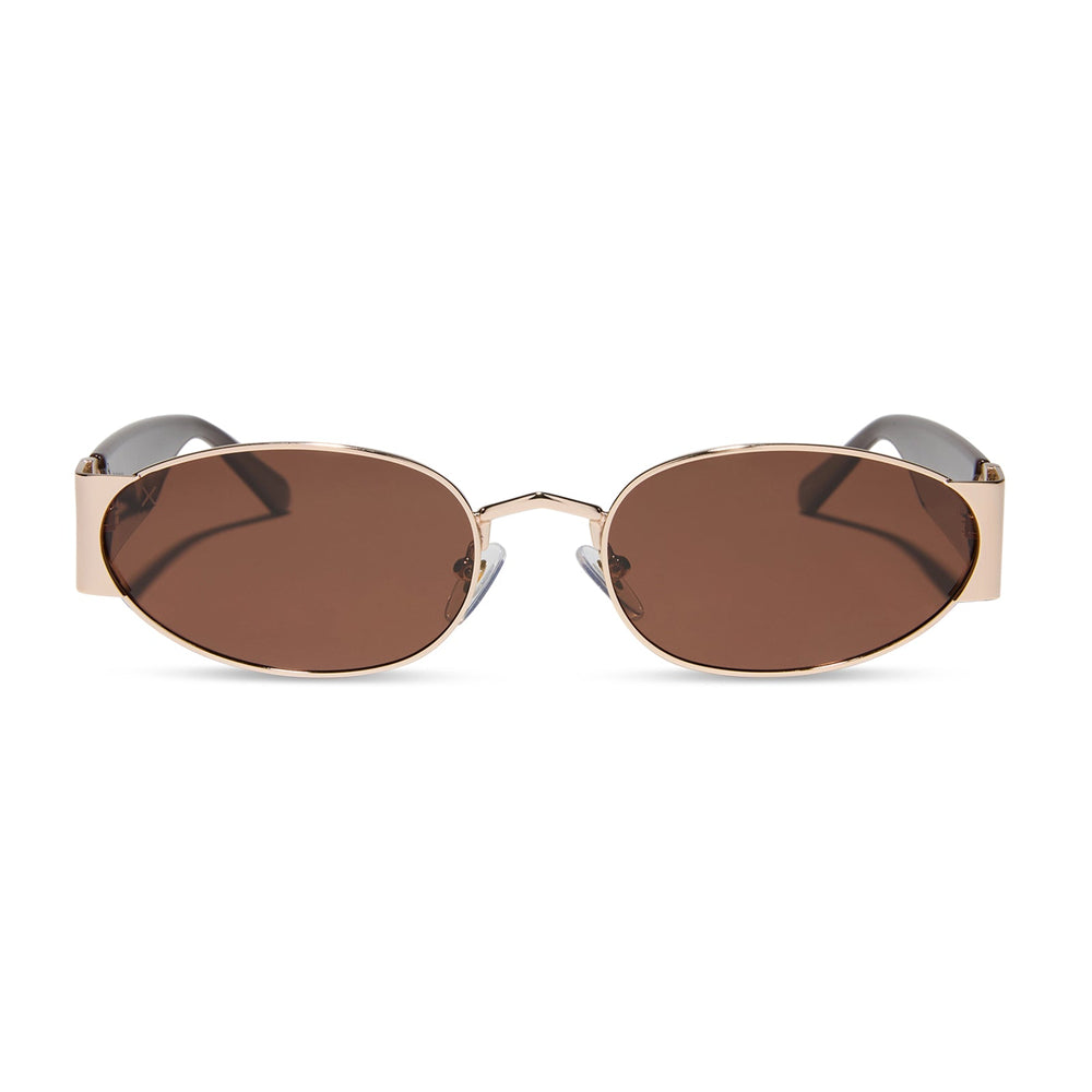 dime optics featuring the vine rectangular sunglasses with a gold and mocha frame and brown lenses front view