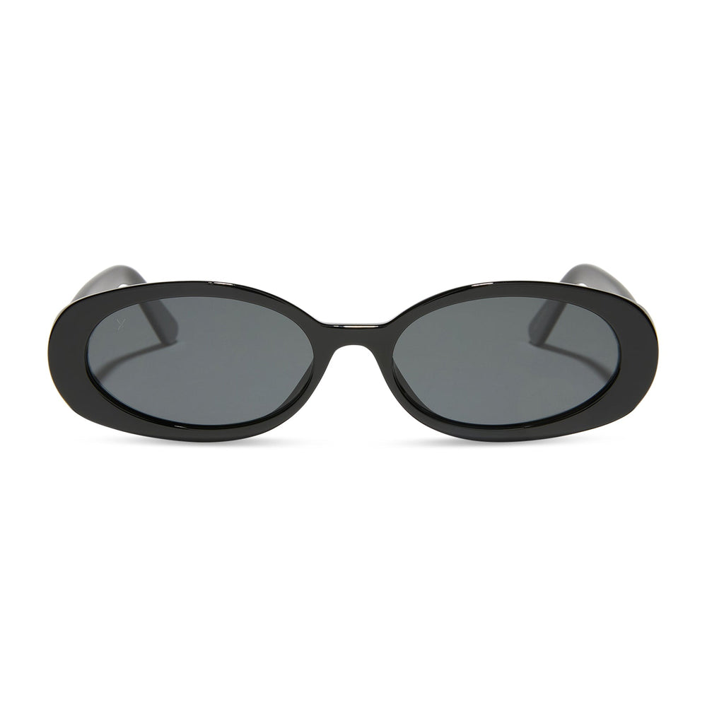 dime optics westwood round sunglasses with a black frame and grey polarized lenses front view