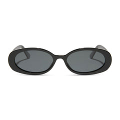 dime optics westwood round sunglasses with a black frame and grey polarized lenses front view