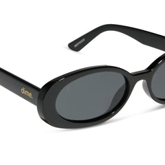 dime optics westwood round sunglasses with a black frame and grey polarized lenses detailed view