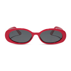 dime optics westwood round sunglasses with a ruby red frame and grey polarized lenses front view