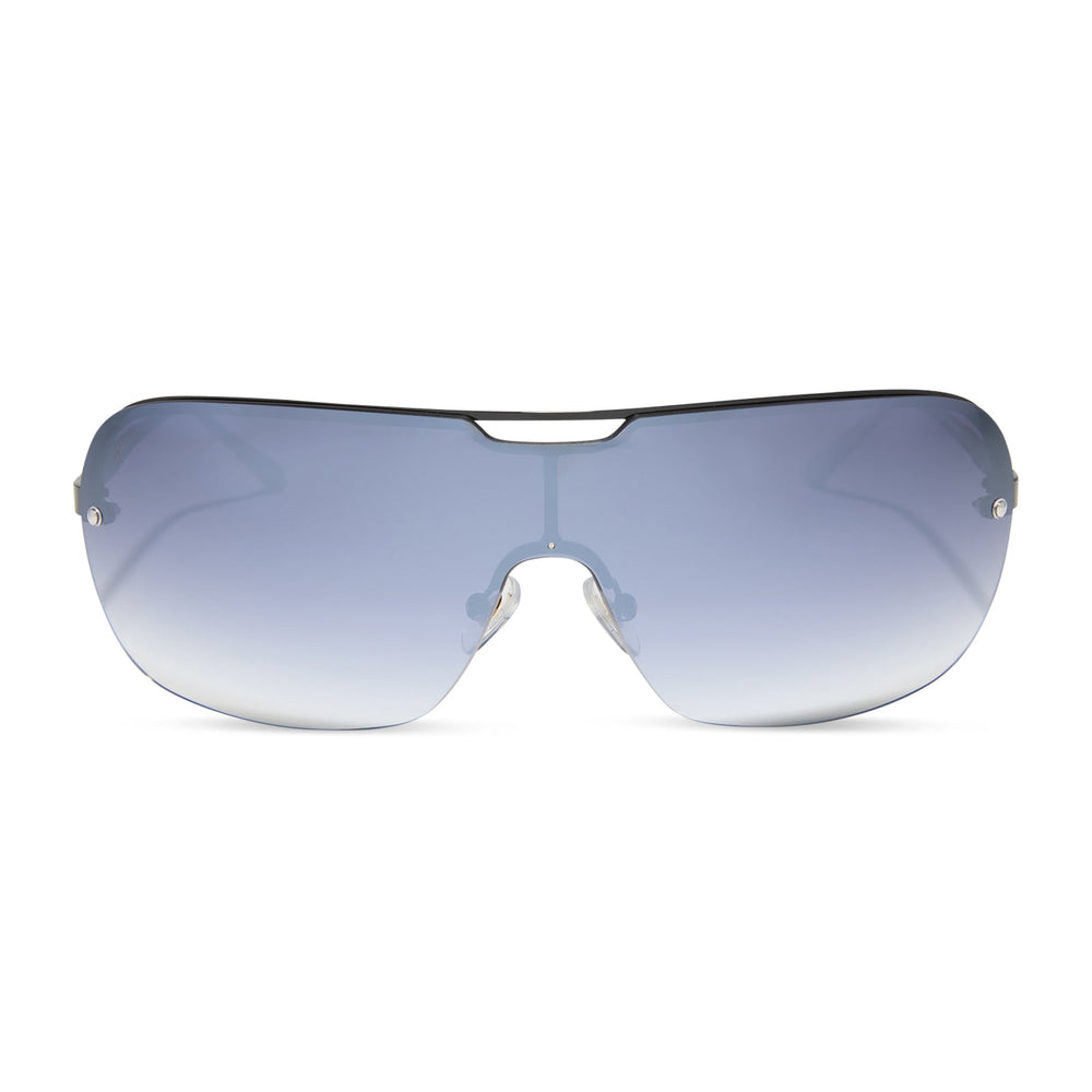 dime optics wilshire shield metal sunglasses with a black frame and grey to clear gradient flash lenses front view