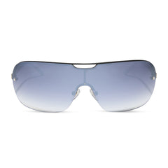 dime optics wilshire shield metal sunglasses with a black frame and grey to clear gradient flash lenses front view