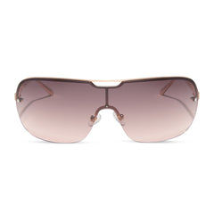 dime optics wilshire shield metal sunglasses with a brushed rose gold frame and rose gradient lenses front view