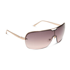 dime optics wilshire shield metal sunglasses with a brushed rose gold frame and rose gradient lenses angled view