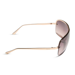 dime optics wilshire shield metal sunglasses with a brushed rose gold frame and rose gradient lenses side view