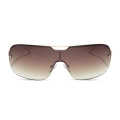 dime optics wilshire shield metal sunglasses with a shiny gold frame and brown gradient sharp lenses front view