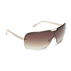 dime optics wilshire shield metal sunglasses with a shiny gold frame and brown gradient sharp lenses angled view
