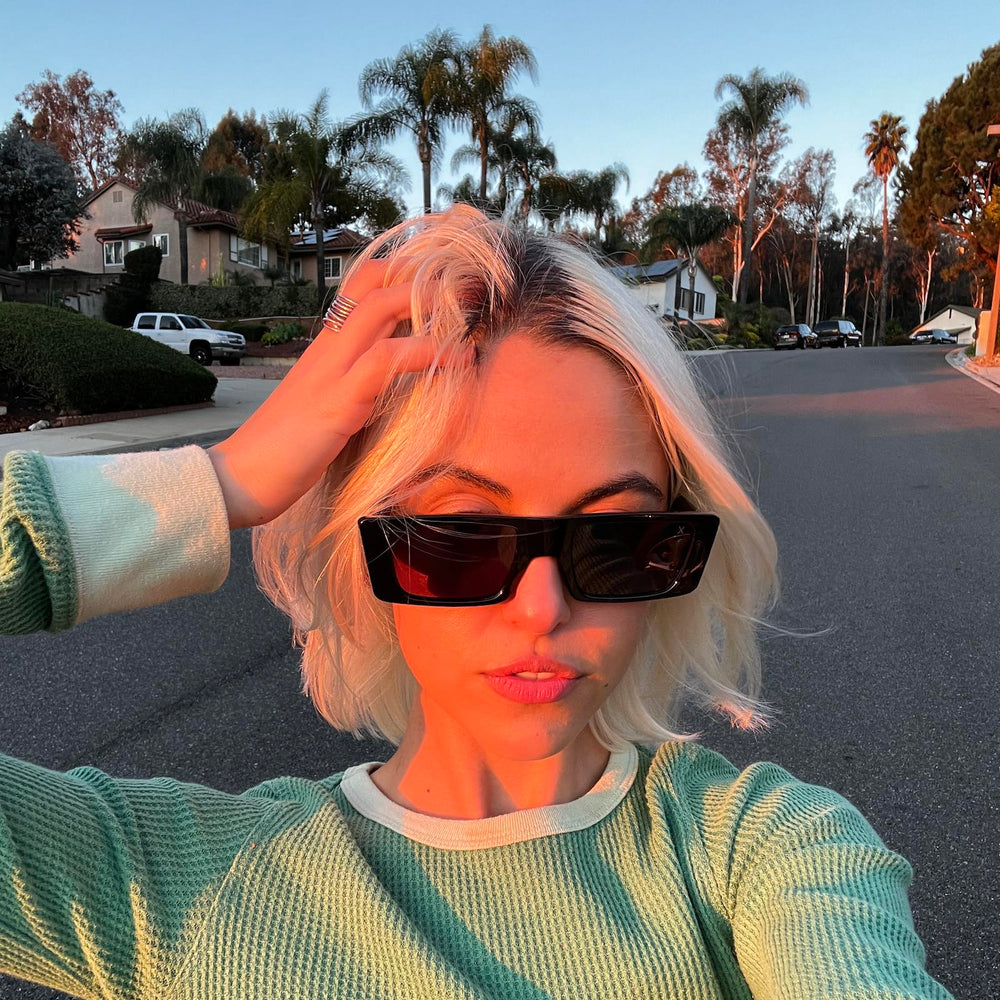 customer content - victoriaadepp wearing les do makeup x dime optics girls night sunglasses with a glossy black frame and grey polarized lenses