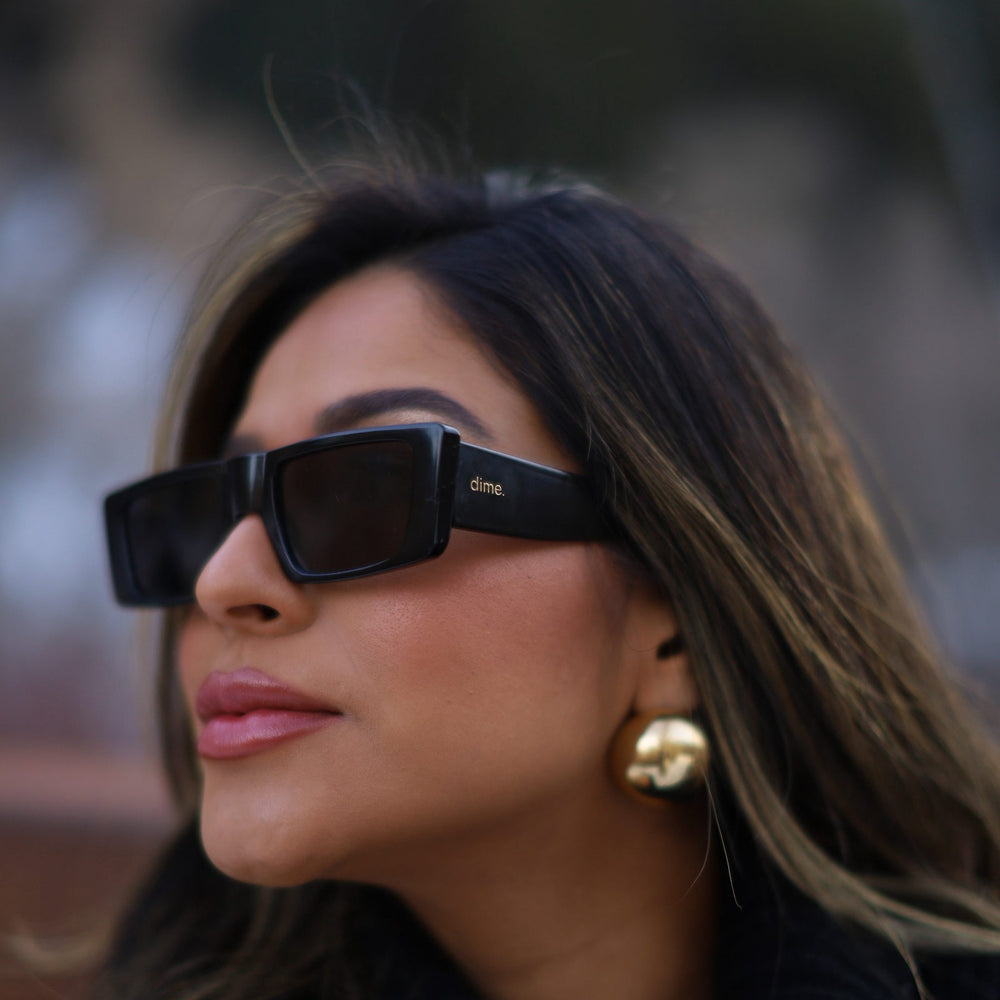 customer content - ketlenweber wearing les do makeup x dime optics girls night sunglasses with a glossy black frame and grey polarized lenses