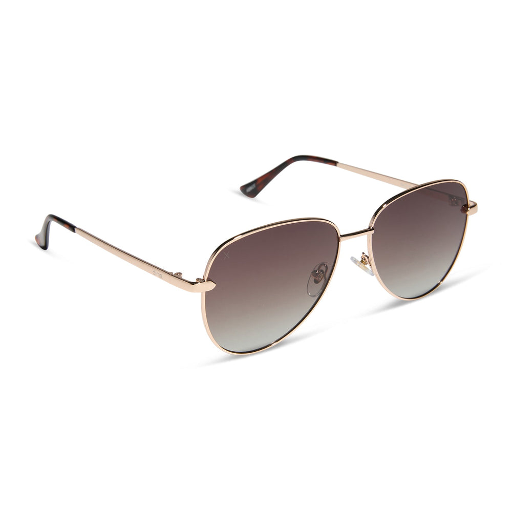dime optics abbot aviator sunglasses with a gold frame and brown gradient polarized lenses angled view