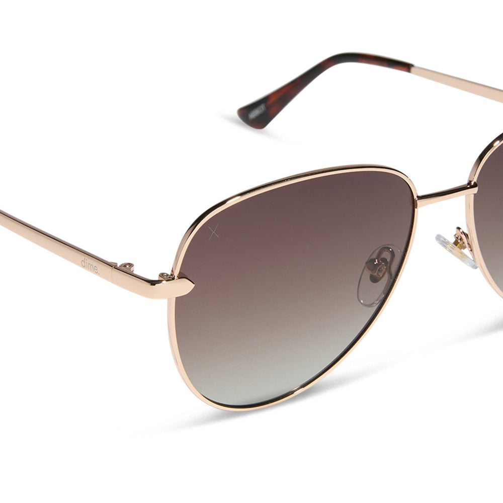 dime optics abbot aviator sunglasses with a gold frame and brown gradient polarized lenses detailed view