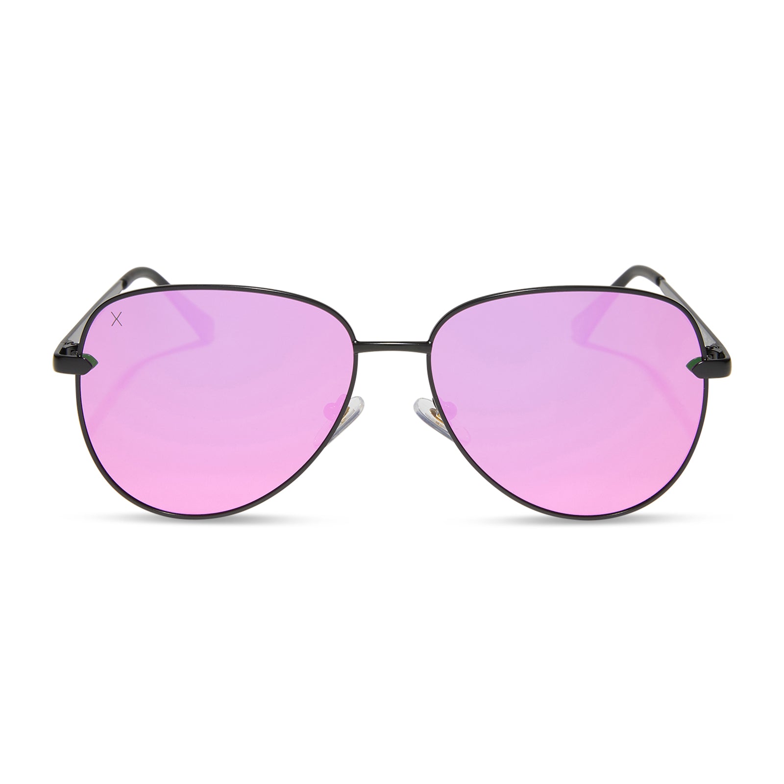 dime optics abbot aviator sunglasses with a matte black frame and pink mirror polarized lenses front view