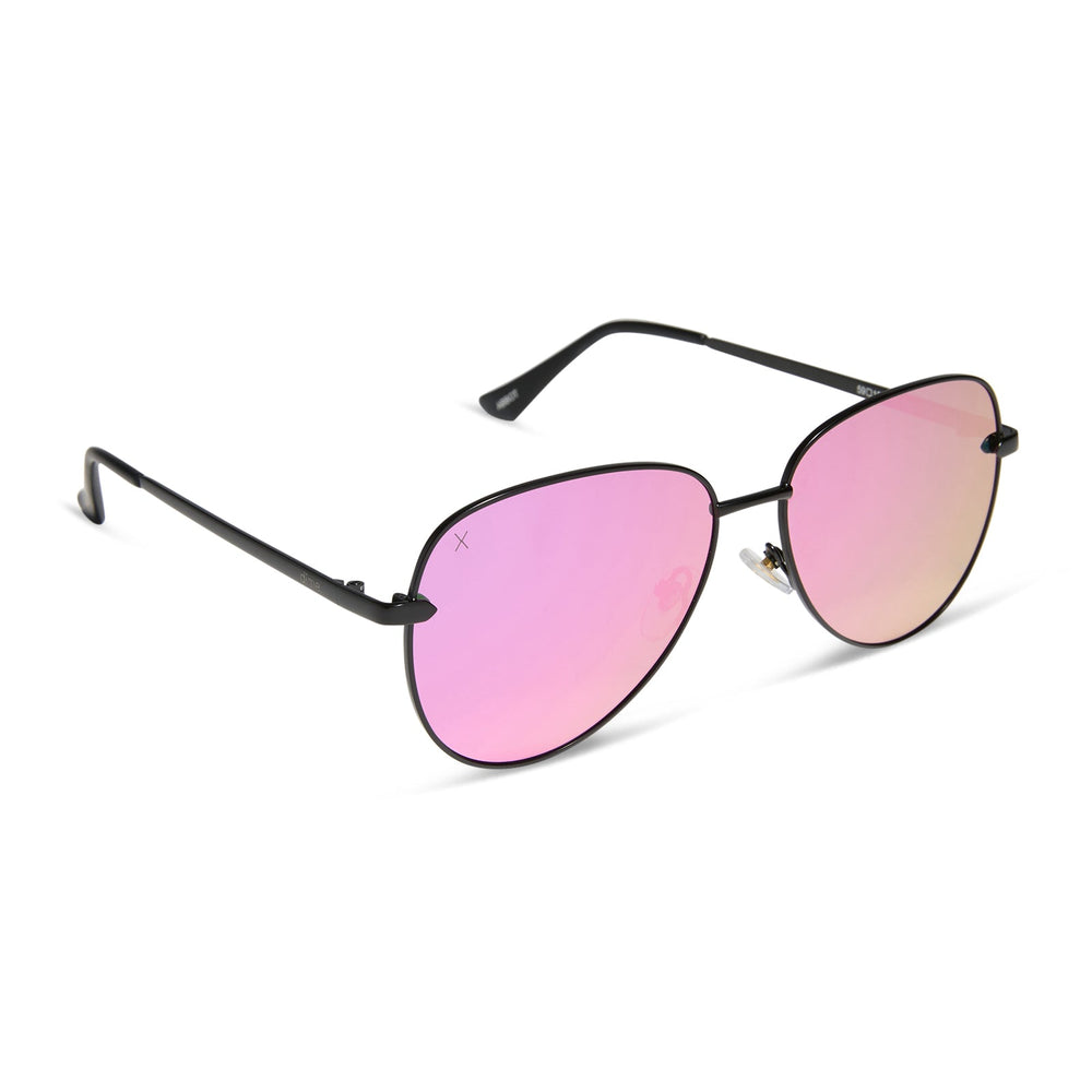 dime optics abbot aviator sunglasses with a matte black frame and pink mirror polarized lenses angled view