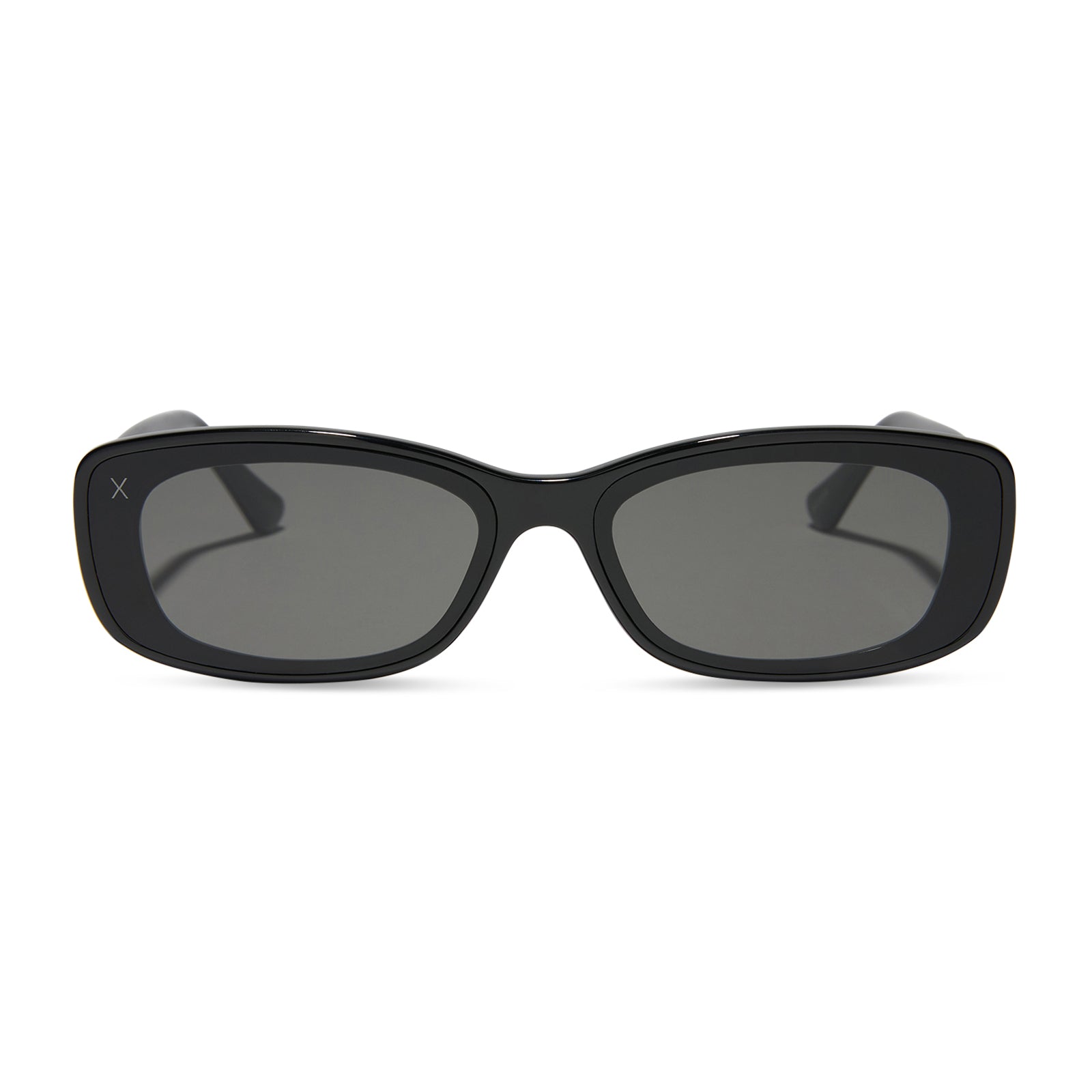 dime optics featuring the agoura rectangular sunglasses with a black frame and grey lenses front view