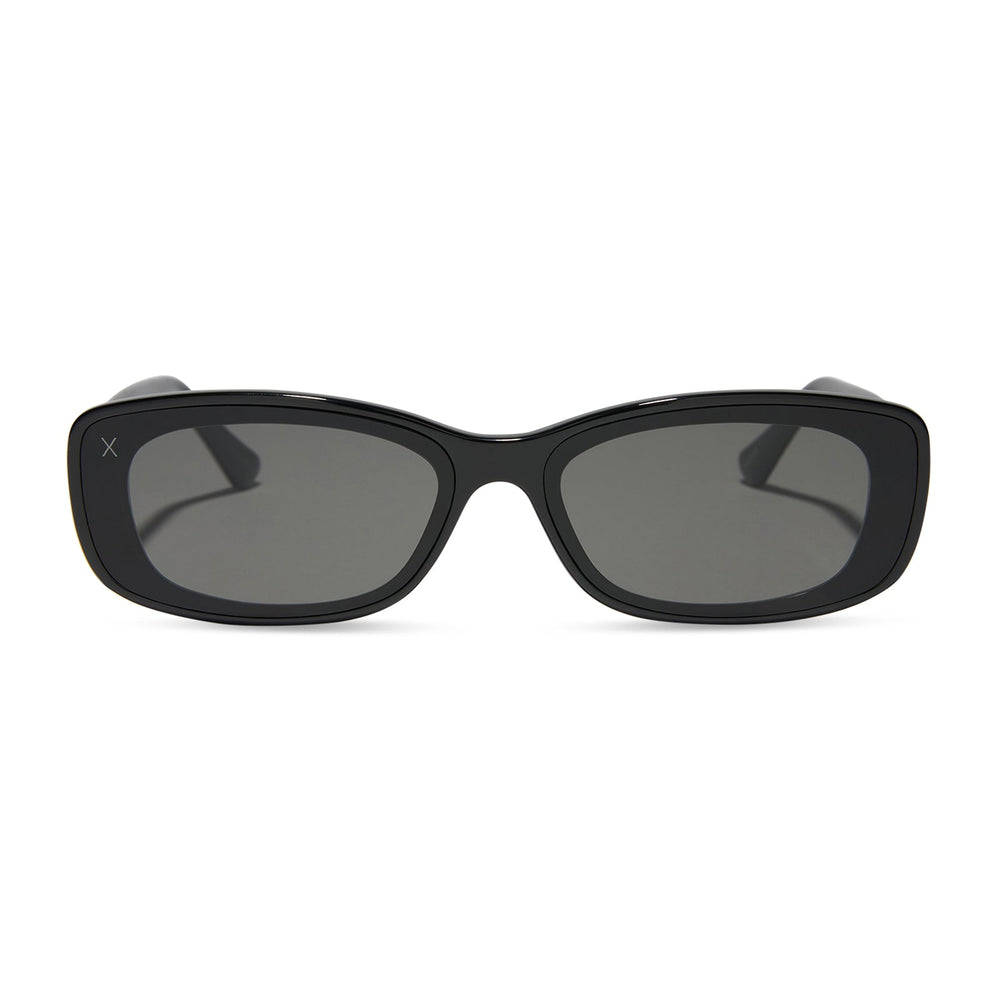 dime optics featuring the agoura rectangular sunglasses with a black frame and grey lenses front view