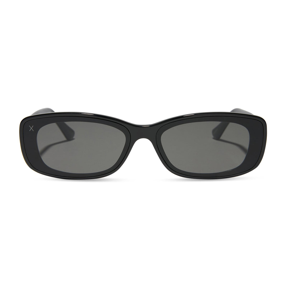 dime optics featuring the agoura rectangular sunglasses with a black frame and grey lenses front view