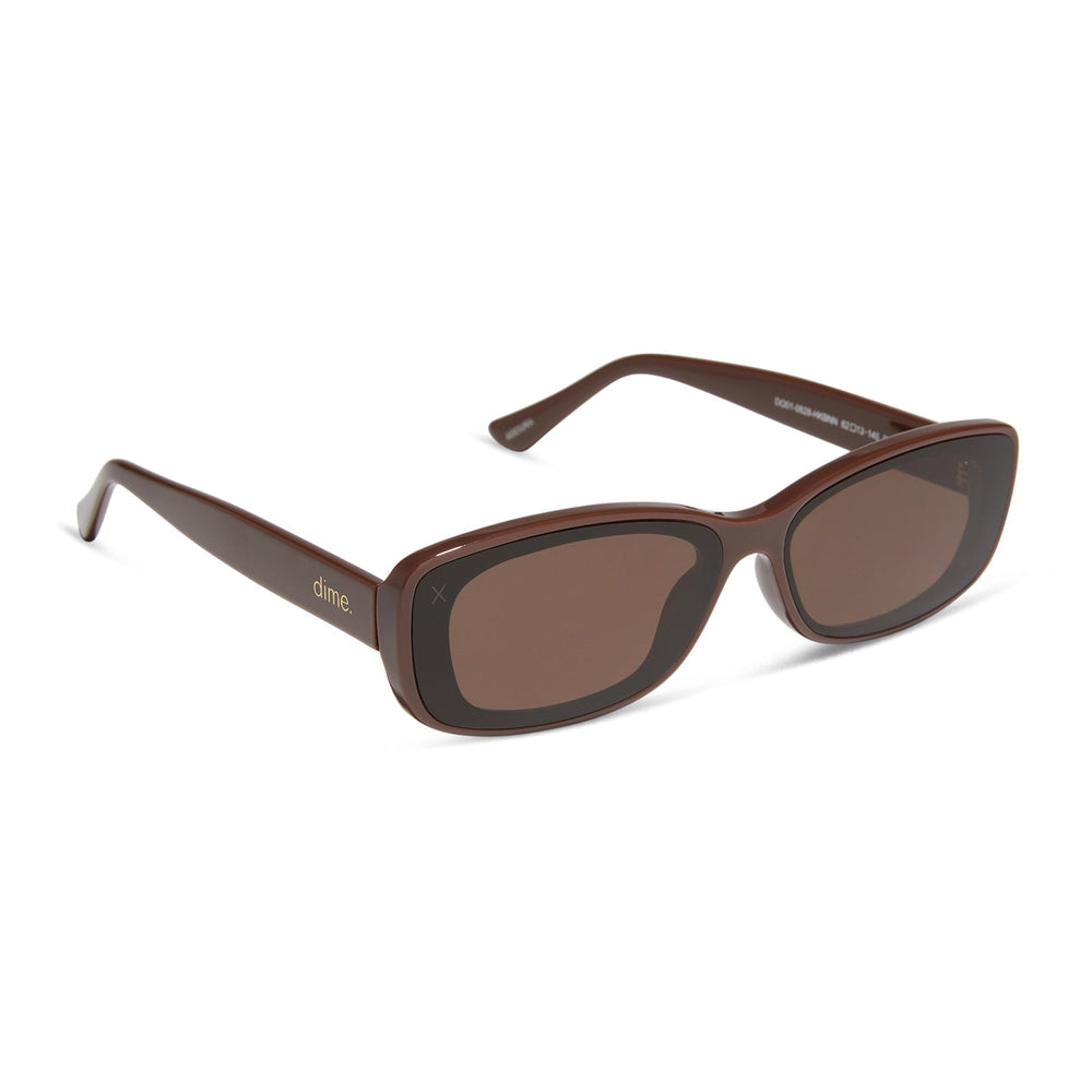 dime optics featuring the agoura rectangular sunglasses with a mocha frame and brown lenses angled view