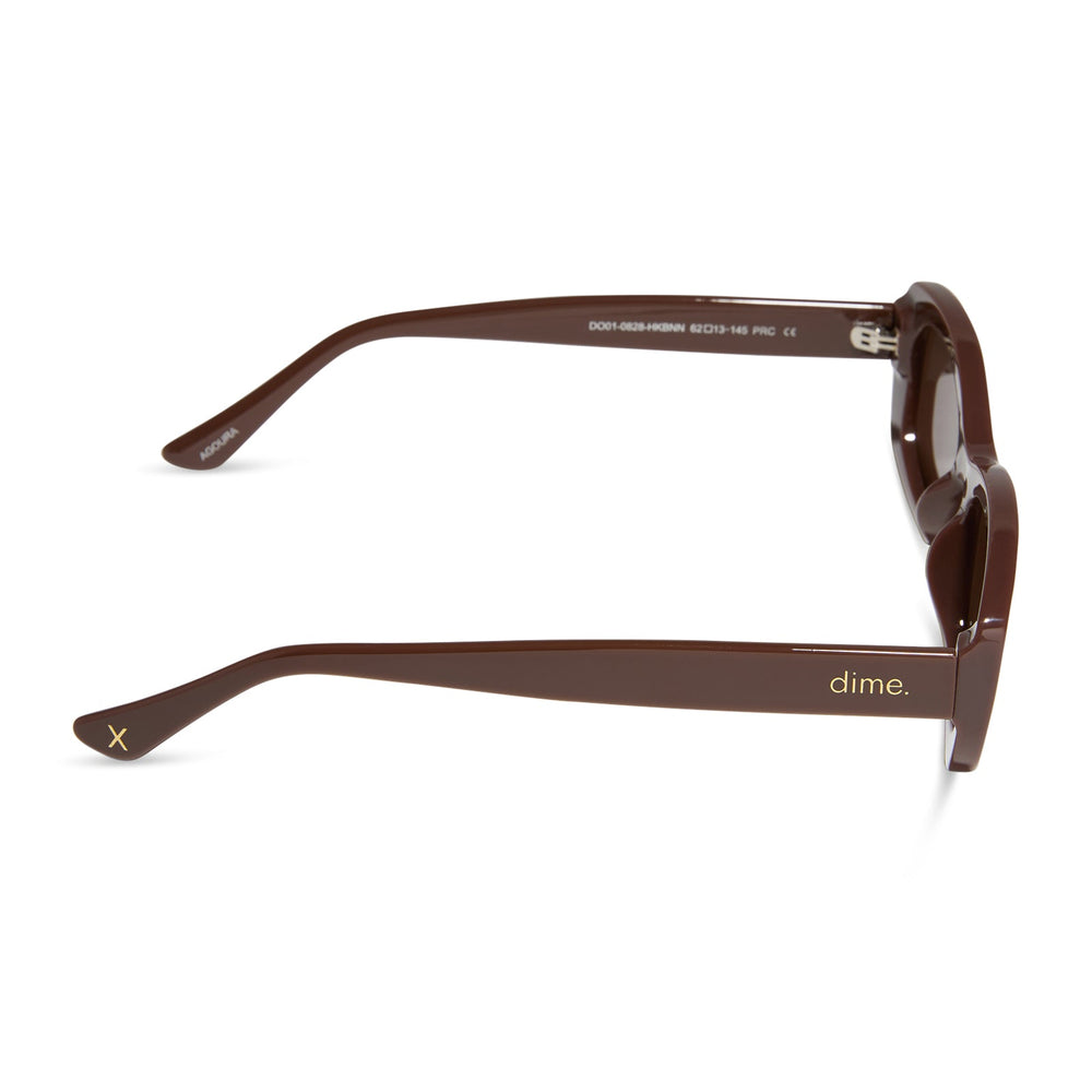dime optics featuring the agoura rectangular sunglasses with a mocha frame and brown lenses side view