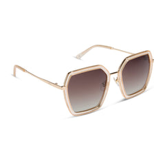 dime optics featuring the alameda square sunglasses with a gold and frosty white frame and brown gradient lenses angled view