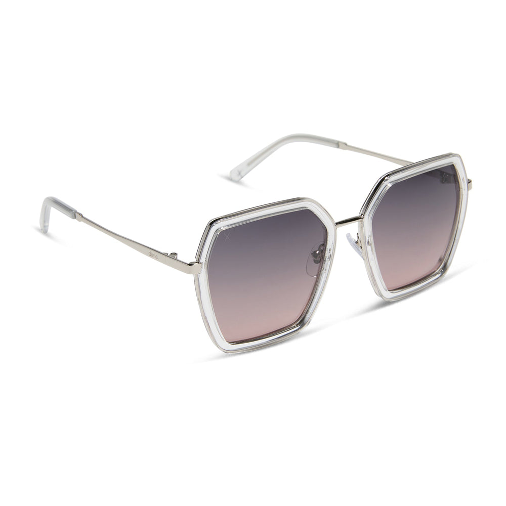 dime optics featuring the alameda square sunglasses with a silver and crystal clear frame and orchid gradient lenses angled view
