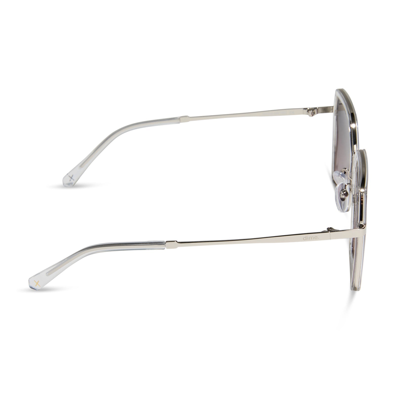 dime optics featuring the alameda square sunglasses with a silver and crystal clear frame and orchid gradient lenses side view