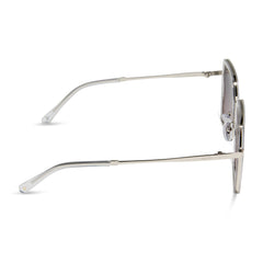 dime optics featuring the alameda square sunglasses with a silver and crystal clear frame and orchid gradient lenses side view